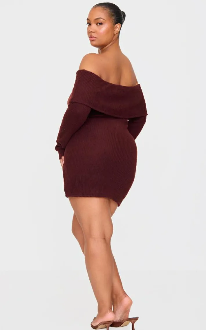 Plus Chocolate Soft Touch Bardot Mini Dress