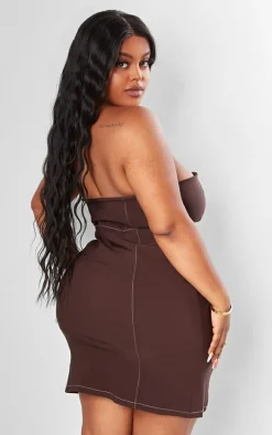 Plus Chocolate Asymmetric Seam Detail Zip Up Corset Bodycon Dress