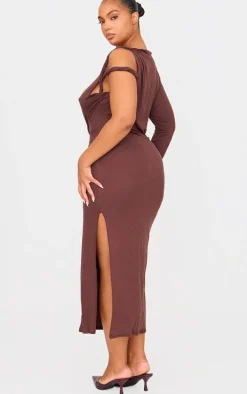 Plus Chocolate Asymmetric Twist Shoulder Soft Touch Midi Dress