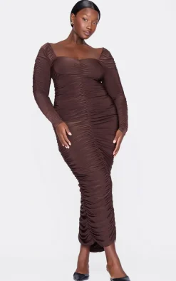 Plus Chocolate Black Long Sleeve Extreme Ruched Midaxi Dress