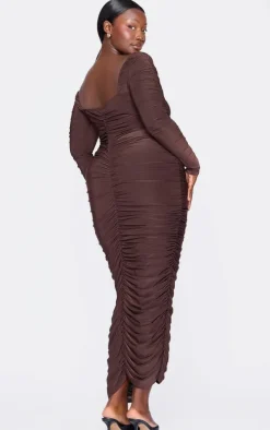 Plus Chocolate Black Long Sleeve Extreme Ruched Midaxi Dress