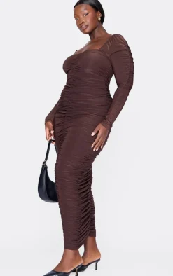 Plus Chocolate Black Long Sleeve Extreme Ruched Midaxi Dress
