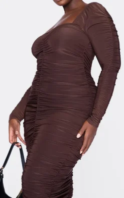 Plus Chocolate Black Long Sleeve Extreme Ruched Midaxi Dress