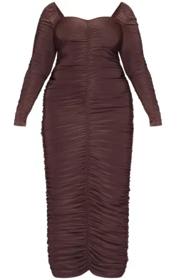 Plus Chocolate Black Long Sleeve Extreme Ruched Midaxi Dress