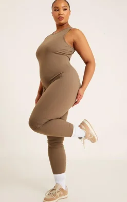 Plus Chocolate Brown Brushed Jersey Racer Neck Jumpsuit