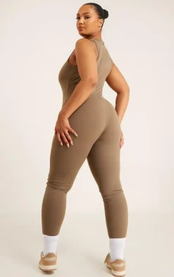 Plus Chocolate Brown Brushed Jersey Racer Neck Jumpsuit