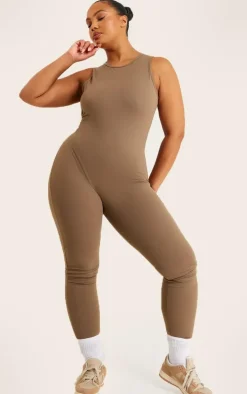 Plus Chocolate Brown Brushed Jersey Racer Neck Jumpsuit
