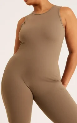 Plus Chocolate Brown Brushed Jersey Racer Neck Jumpsuit