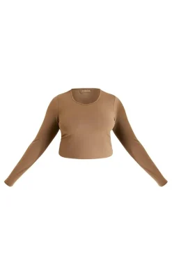 Plus Chocolate Brown Snatched Sculpt Long Sleeve Crop Top