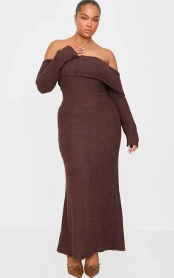 Plus Chocolate Brushed Rib Bardot Maxi Dress
