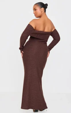 Plus Chocolate Brushed Rib Bardot Maxi Dress