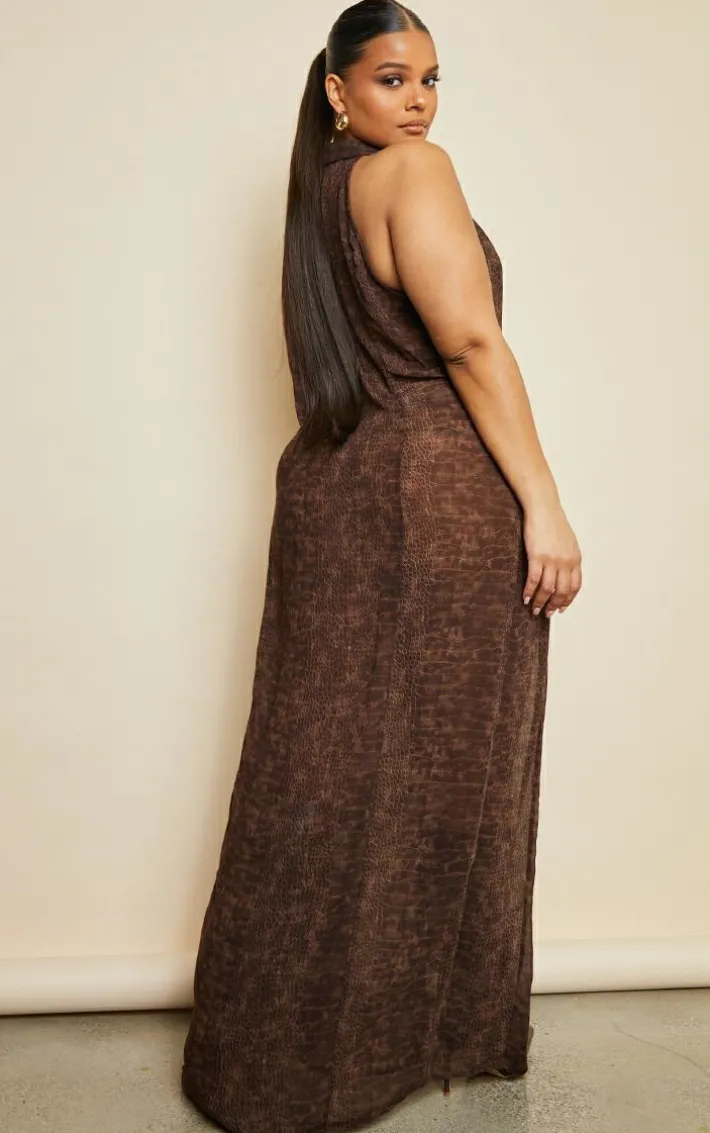 Plus Chocolate Croc Print Chiffon Maxi Dress