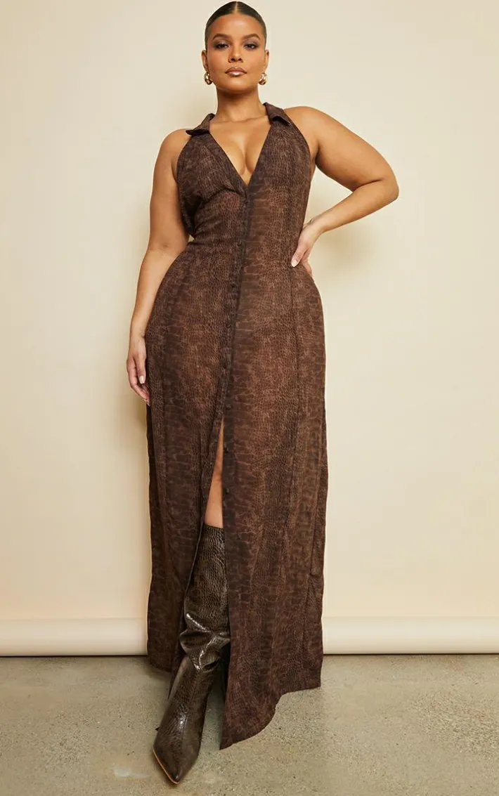 Plus Chocolate Croc Print Chiffon Maxi Dress