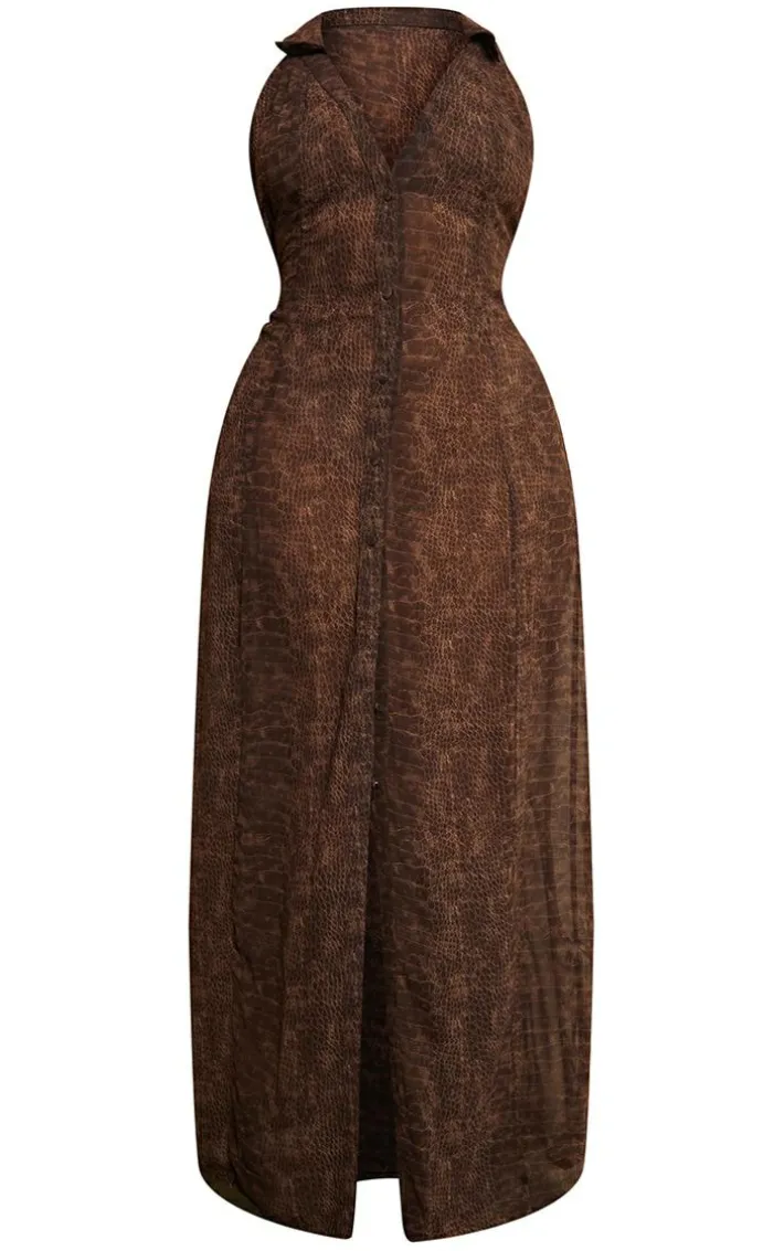 Plus Chocolate Croc Print Chiffon Maxi Dress