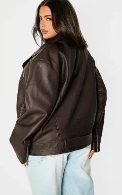 Plus Chocolate Distressed Look Faux Leather Longline Biker Jacket