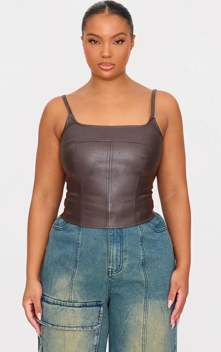 Plus Chocolate Faux Leather Square Neck Long Corset