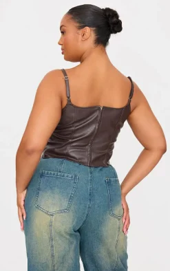 Plus Chocolate Faux Leather Square Neck Long Corset