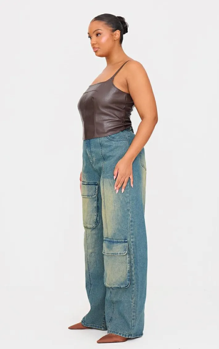 Plus Chocolate Faux Leather Square Neck Long Corset