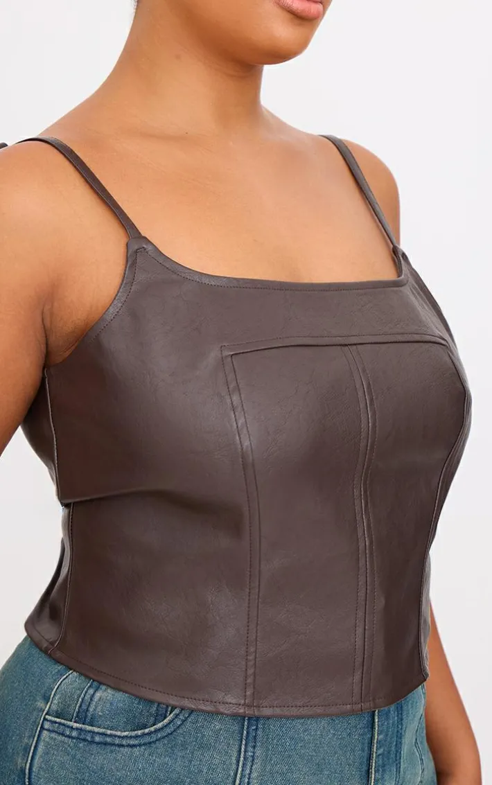 Plus Chocolate Faux Leather Square Neck Long Corset