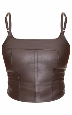 Plus Chocolate Faux Leather Square Neck Long Corset