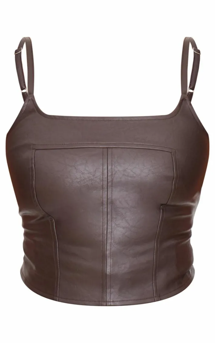 Plus Chocolate Faux Leather Square Neck Long Corset