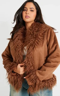 Plus Chocolate Faux Suede Faux Mongolian Fur Trim Jacket