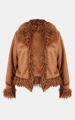 Plus Chocolate Faux Suede Faux Mongolian Fur Trim Jacket