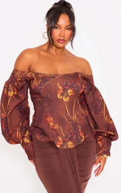 Plus Chocolate Floral Balloon Sleeve Corset Top