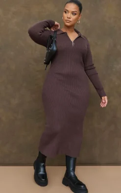 Plus Chocolate Half Zip Collared Detail Midaxi Dress