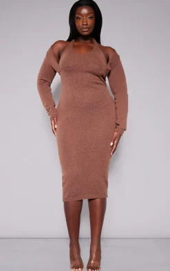 Plus Chocolate Halter Neck Knitted Midi Dress