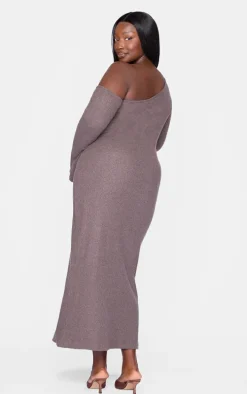 Plus Chocolate Heavy Brushed Asymmetric Ruched Maxi Dress