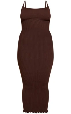 Plus Chocolate Knitted Ribbed Edge Detail Midi Dress