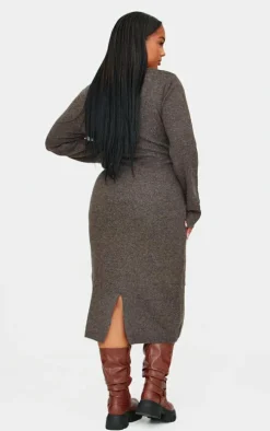 Plus Chocolate Knitted Seam Front Midaxi Dress