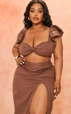 Plus Chocolate Linen Look Puff Sleeve Crop Top