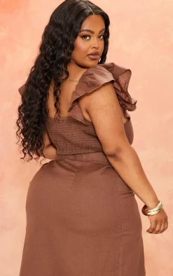 Plus Chocolate Linen Look Puff Sleeve Crop Top