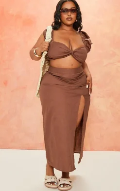 Plus Chocolate Linen Look Puff Sleeve Crop Top