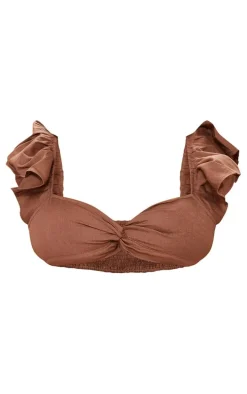 Plus Chocolate Linen Look Puff Sleeve Crop Top