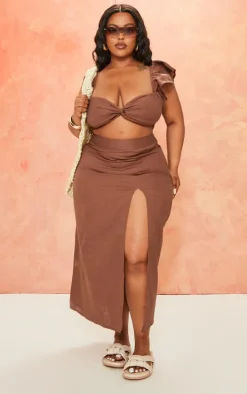 Plus Chocolate Linen Look Side Split Midi Skirt