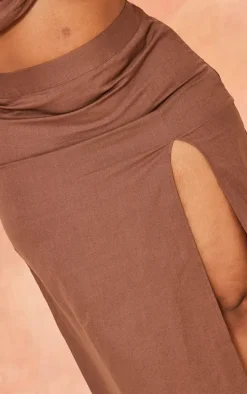 Plus Chocolate Linen Look Side Split Midi Skirt