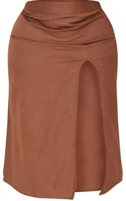 Plus Chocolate Linen Look Side Split Midi Skirt