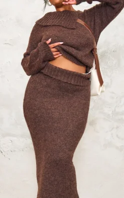 Plus Chocolate Marl Knit Foldover Maxi Skirt