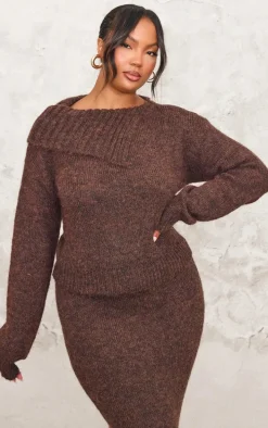 Plus Chocolate Marl Knit Asymmetric Overlay Sweater