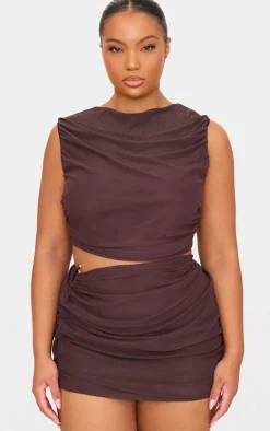 Plus Chocolate Mesh Ruched Trim Detail Crop Top