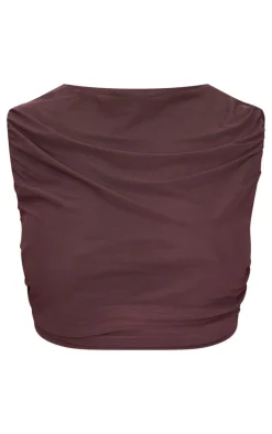 Plus Chocolate Mesh Ruched Trim Detail Crop Top