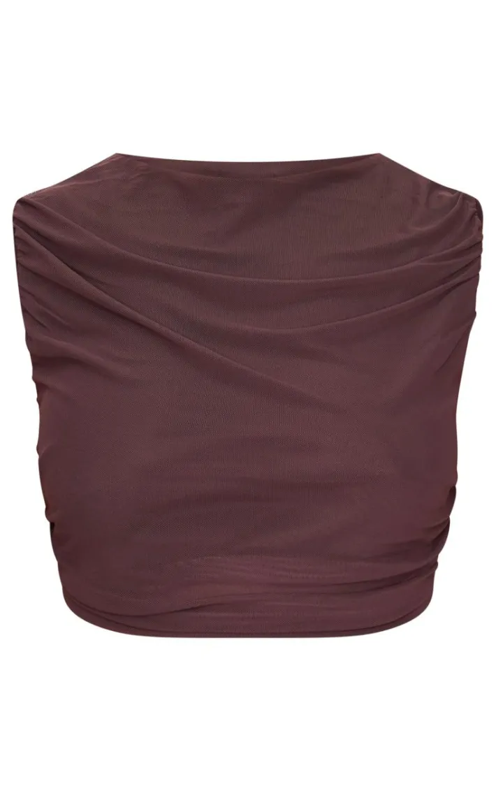 Plus Chocolate Mesh Ruched Trim Detail Crop Top