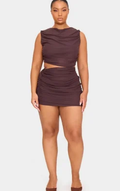 Plus Chocolate Mesh Trim Detail Ruched Mini Skirt