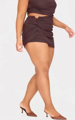 Plus Chocolate Mesh Trim Detail Ruched Mini Skirt