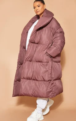 Plus Chocolate Oversized Collar Belted Longline Puffer Coat