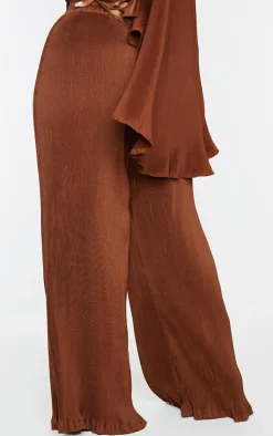 Plus Chocolate Plisse High Waisted Wide Leg Pants