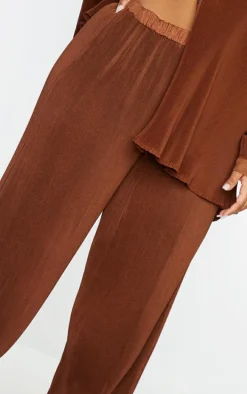 Plus Chocolate Plisse High Waisted Wide Leg Pants